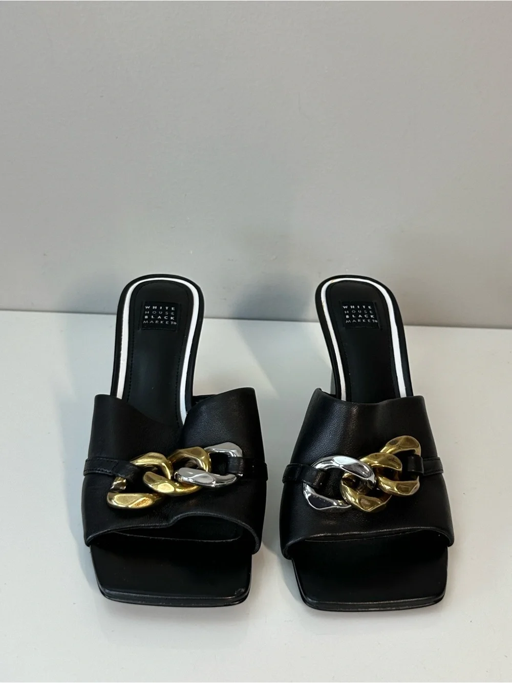 WHBM Black Wedges with Chain Accents Size 7.5 Square Toe Contemporary